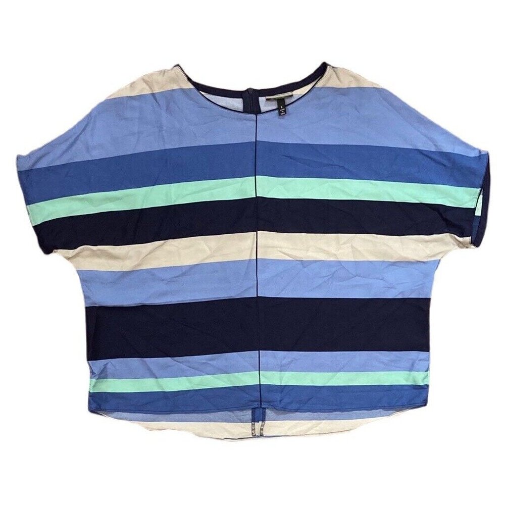 Allison Brittney Womens Blouse Blue White Striped Short Sleeve Zipper Back L New